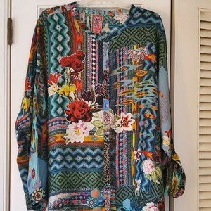 Johnny Was 1X Multi Canvas Button Down Silk Blend Top NWT